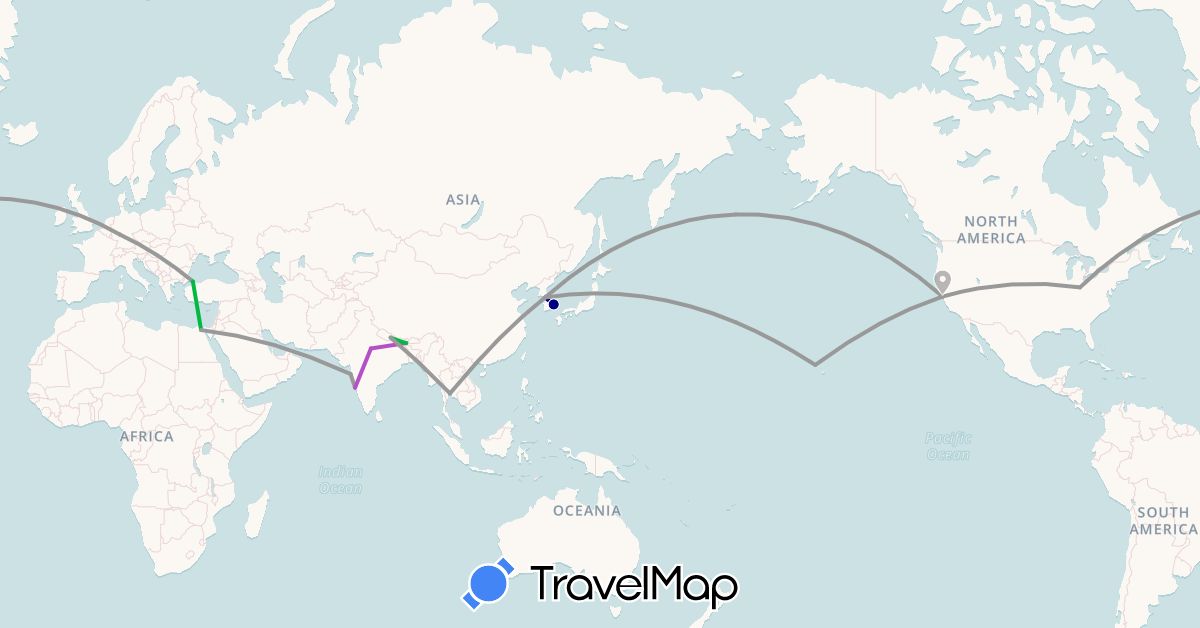 TravelMap itinerary: driving, bus, plane, train in Germany, Egypt, India, South Korea, Nepal, Thailand, Turkey, United States (Africa, Asia, Europe, North America)